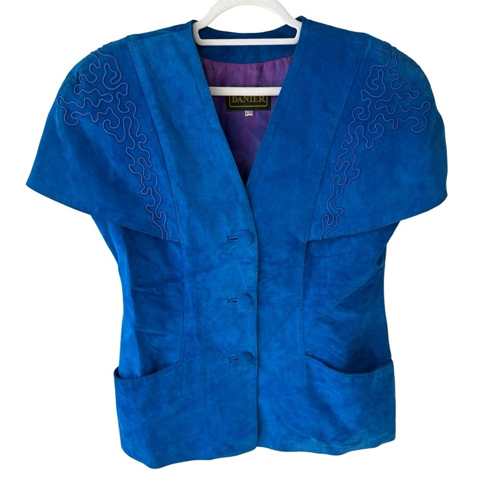 Danier Vintage 80s 90s Women's Vibrant Blue Faux Suede Blazer Size L Boho - Picture 2 of 14